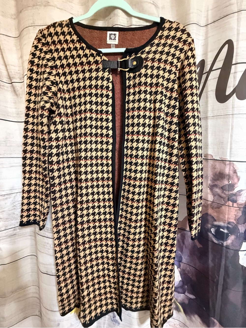 Anne Klein Black & Tan Houndstooth Long Cardigan